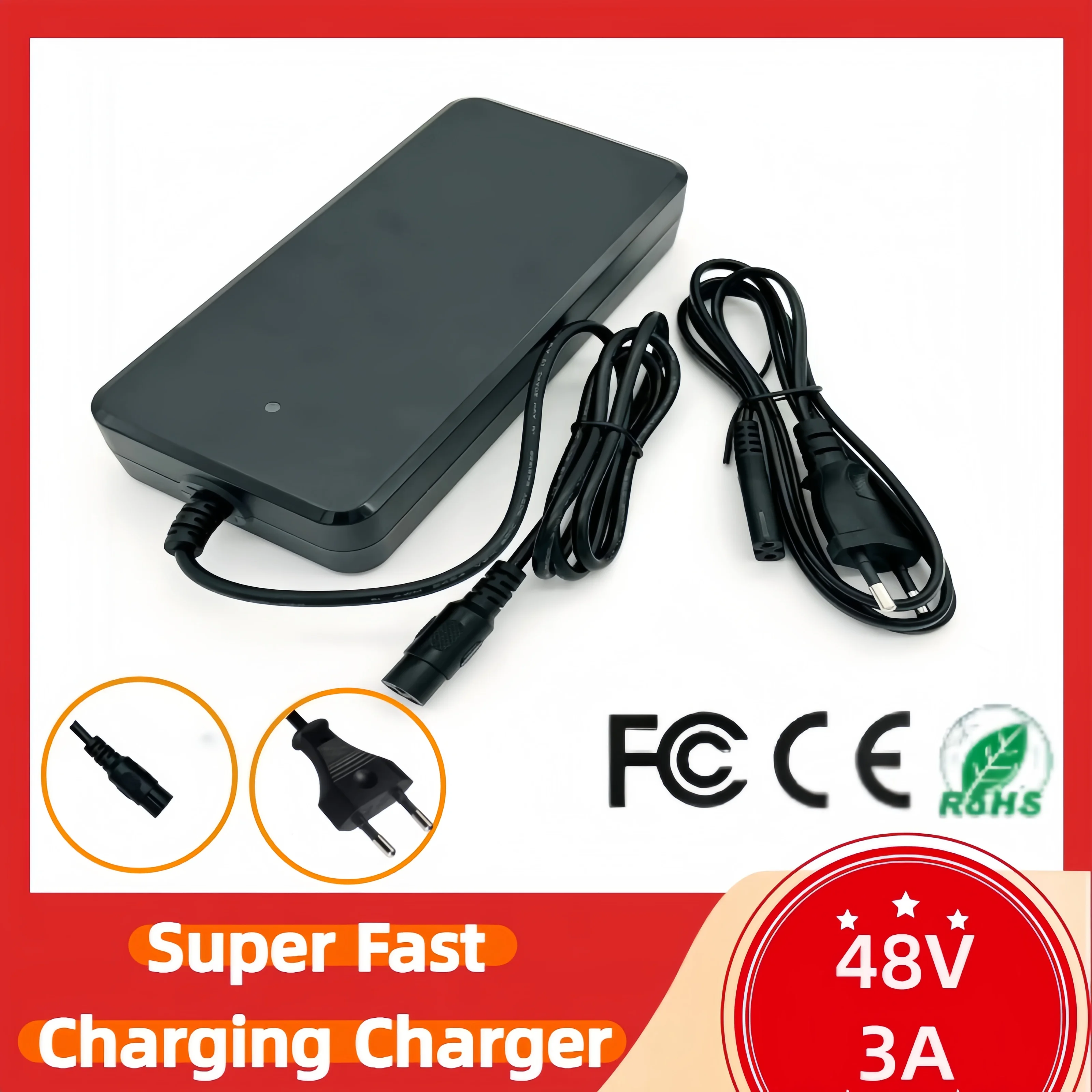 

Универсальный адаптер питания, сверхбыстрое зарядное устройство, 100-240 В переменного тока, черный, 48 В постоянного тока, 3 А, аксессуары для электрических скутеров, вилка европейского стандарта