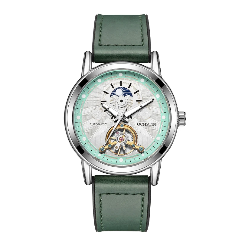 OCHSTIN Men Watch Automatic Mechanical Luxurious Tourbillon Open Heart AM PM Dial Luminous Rubber Leather Strap & Magnetic Clasp