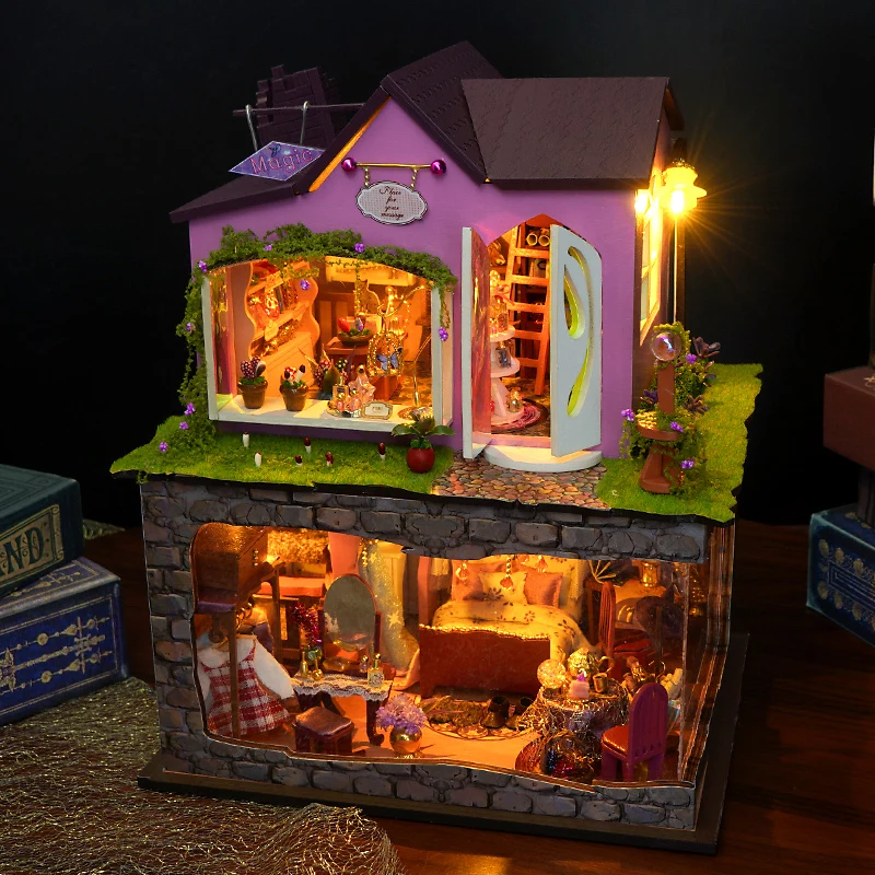 Bricolage sorcière boutique de magie Casa en bois Miniature modèle Kit 3D Puzzle maisons de poupée avec meubles maison de poupée pour amis cadeaux d'anniversaire
