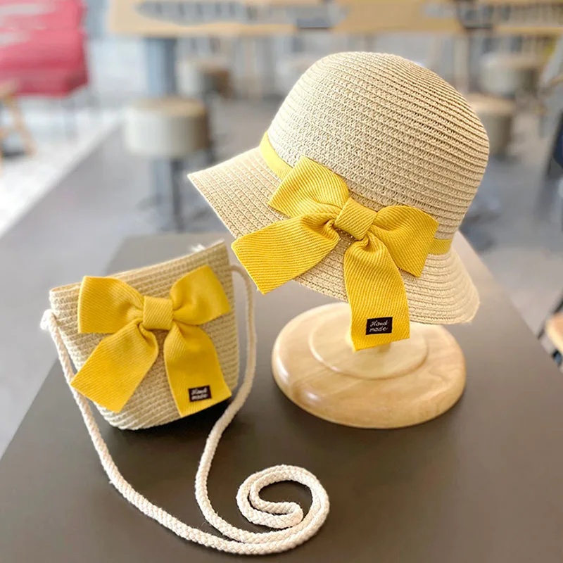 2-8 Years Kids Sun Hat Girls Summer New Straw Bag Cap Set Baby Travel Sun Protection Beach Hats Sun Fisherman Hat for Child