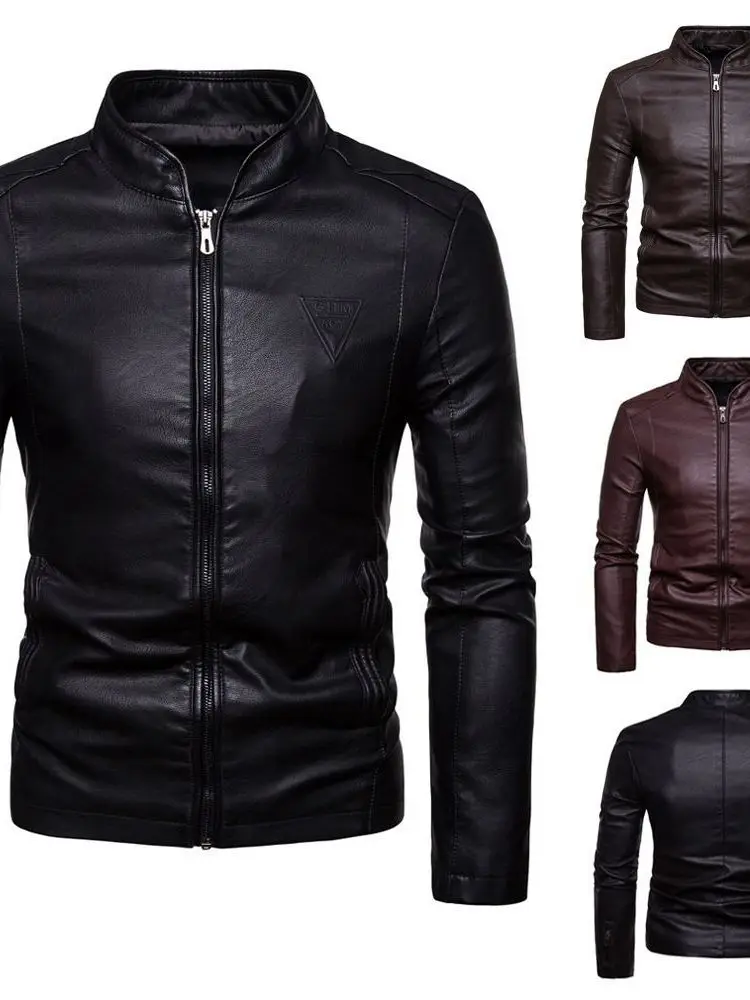 

Мужская кожаная куртка-бомбер однотонная с воротником-стойкой, осенне-зимняя, новая, приталенная, с длинными рукавами, на молнии, модная городская верхняя одежда