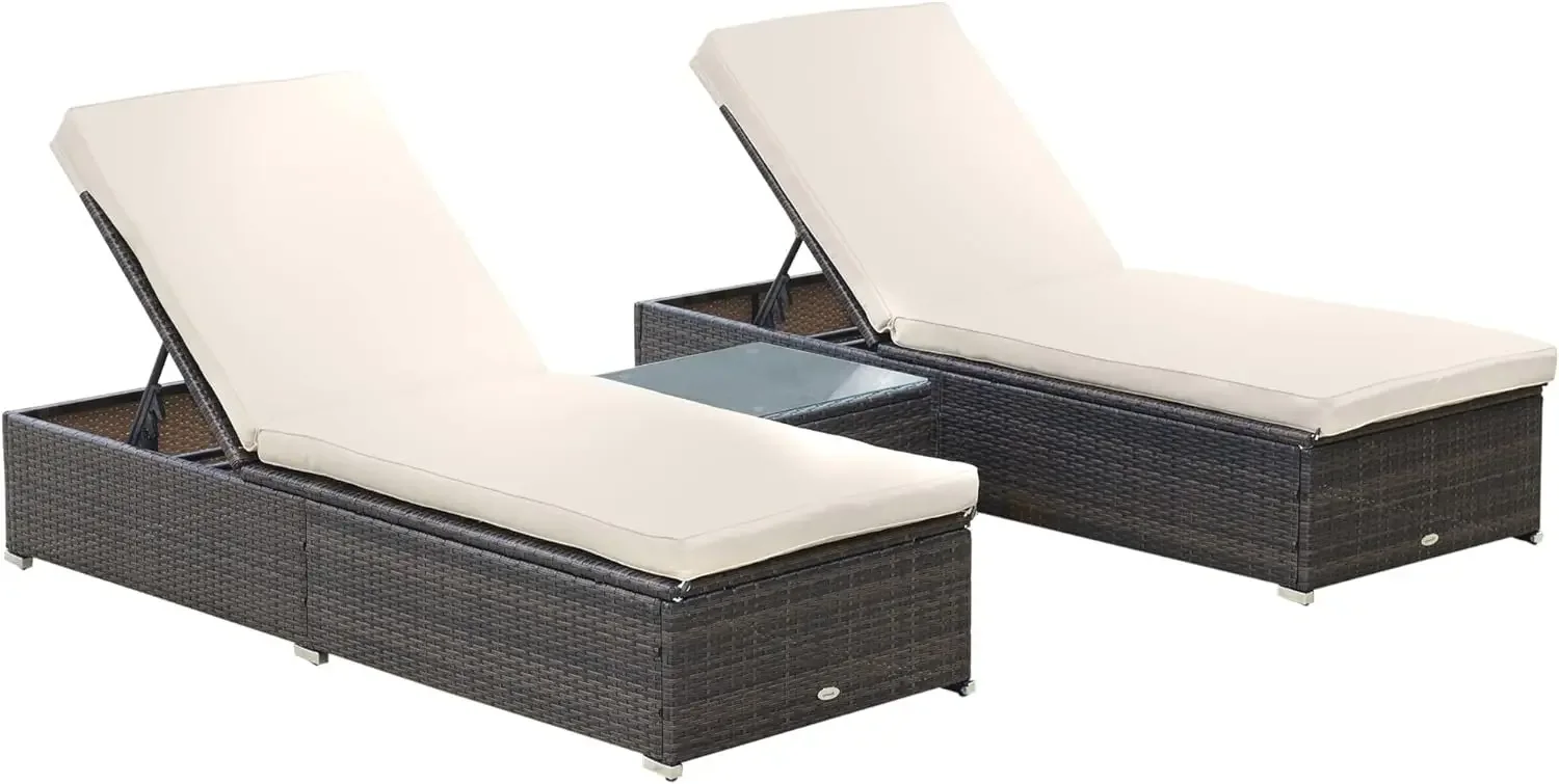 Outsunny Chaise Lounge Set di 2 con schienale a 5 angoli, tavolino da esterno, cuscini idrorepellenti, bordo piscina in vimini PE Rattan