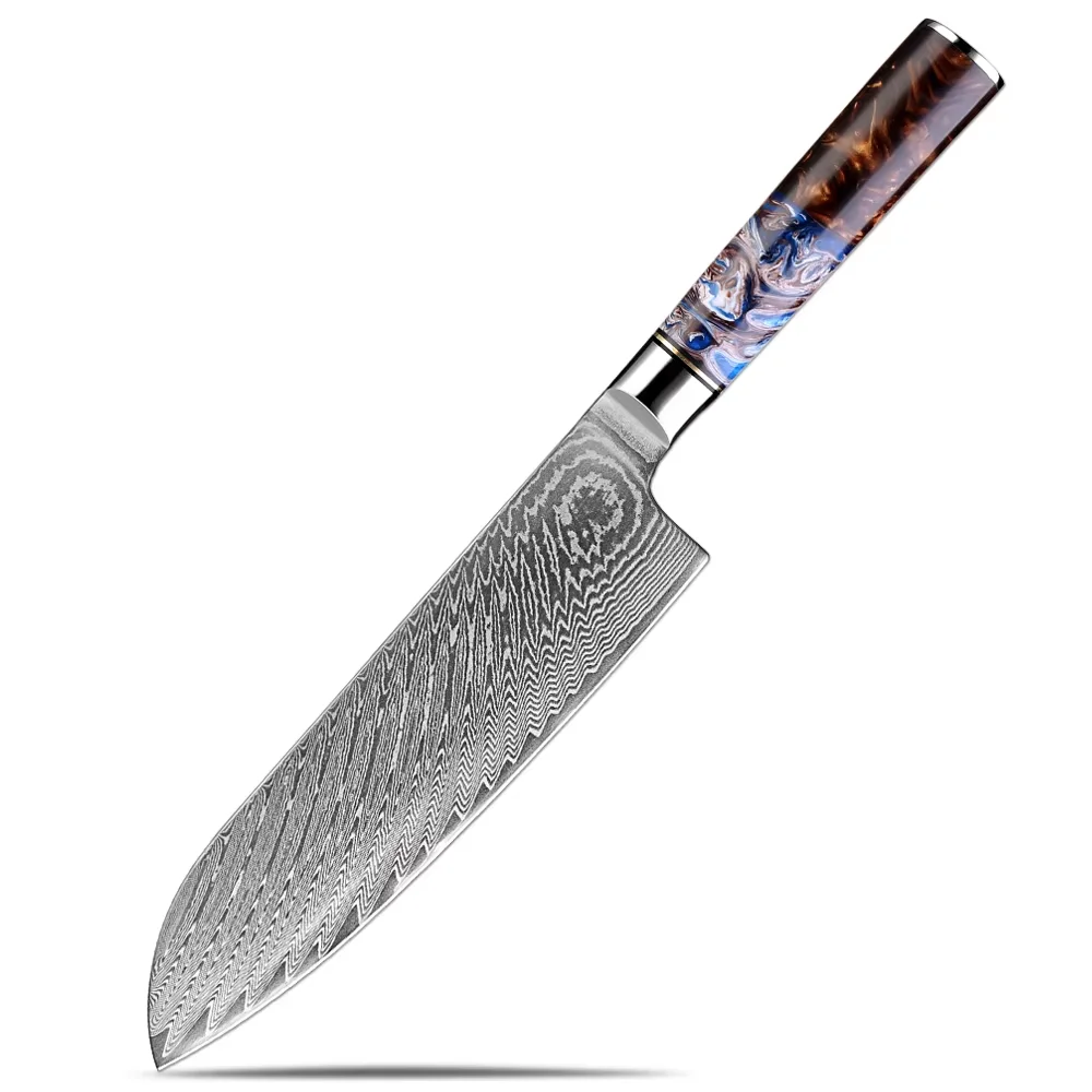 Japanese 7 Inch Santoku Knife Damascus VG10 Steel Kitchen Knife Ergonomic Sea Blue Resin Handle Chef Knife Sharp Cooking Knives