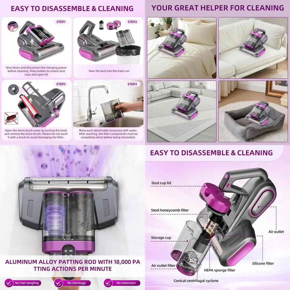 

Беспроводной пылесос для матрасов с силой всасывания 16 кПа, HEPA-фильтрами, УФ-С светом, ультразвуком, низким уровнем шума для кроватей, подушек, диванов, автомобильных сидений, ковровых покрытий