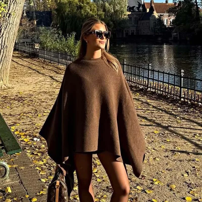

YENKYE New Fashion Women Casual Round Neck Knit Cape Outerwear Autumn Winter Loose Pullover Sweater Coat