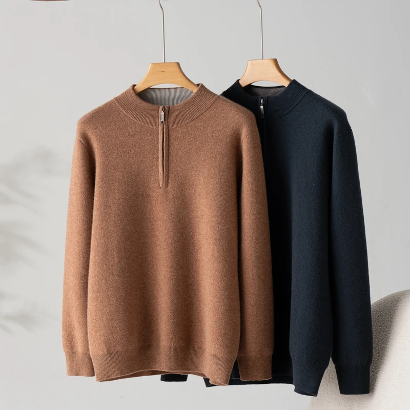 2025 جديد الرجال نصف عالية سستة طوق الكشمير البلوز الرجال الخريف الشتاء 100% الكشمير النقي سميكة معطف شتاء