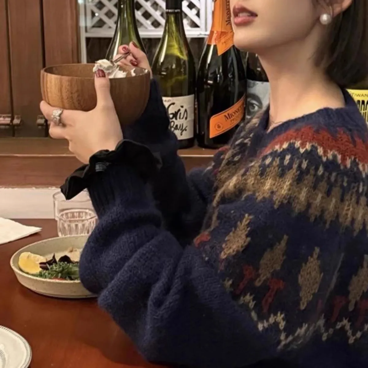 Grauer gestrickter Mohair-Jacquard-Pullover für Damen im Herbst und Winter, lockeres Lazy-Top