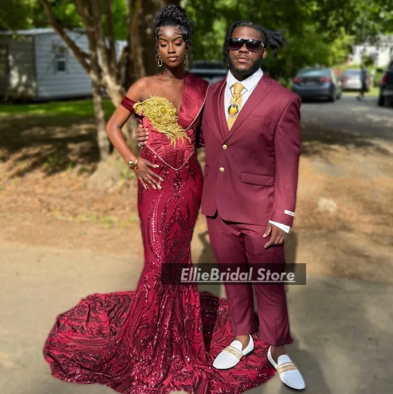 ชุดราตรีสีแดงเบอร์กันดีวิบวับสำหรับสาวผิวสี คอซีทรูประดับเลื่อม ชุดราตรีทรงเมอร์เมดสไตล์แอฟริกัน  ชุดราตรีงานเลี้ยง  สามารถสั่งตัดได้
