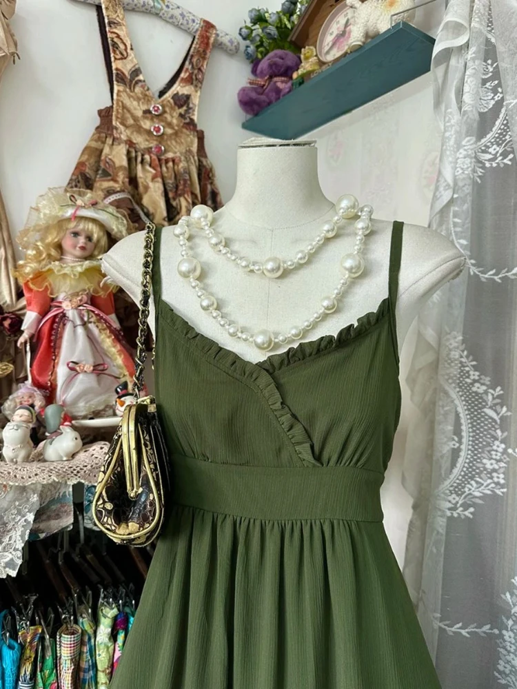 Summer Vintage Slim Green Sling Dress Women 2025 New Elegant Casual Off Shoulder Dresses France Retro Sleeveless Thin Outfits
