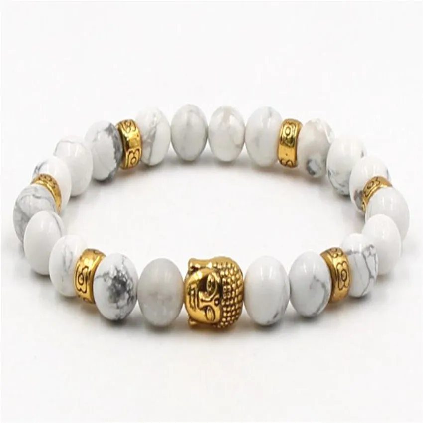 

8mm Howlite Gemstone Buddha head Mala Bracelet 7.5 inches Artisan Link Wear Gift Men Karma Trendy Stackable Prayer