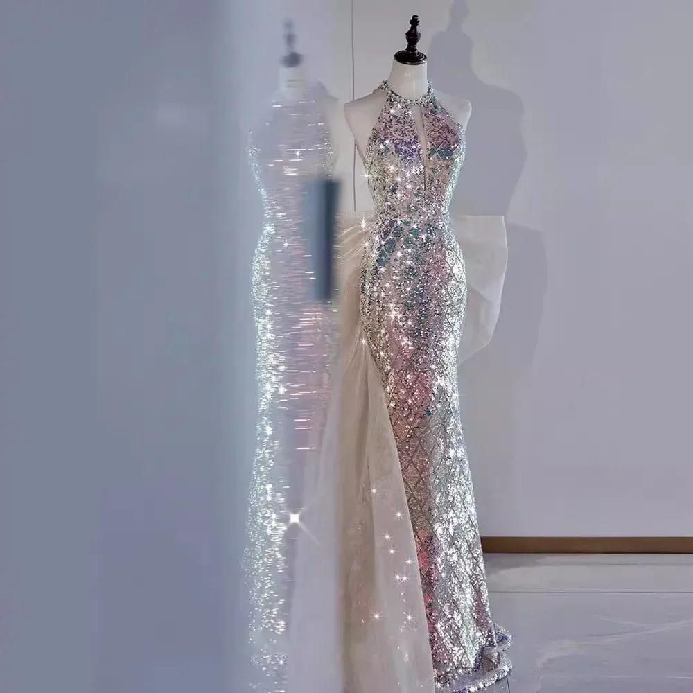 

Hanging Neck Sequin Evening Gown Female Girl Waist Fish Tail Annual Meeting Host Fish Hime Light Luxury Bride