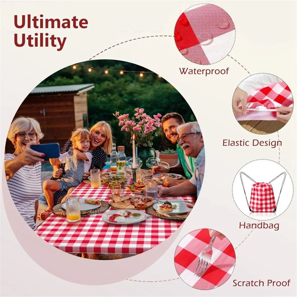 (A02R] Picnic Table Cover with Bench Covers and Bag, Camping Table Camping Essentials Cover with Elastic Edges Red