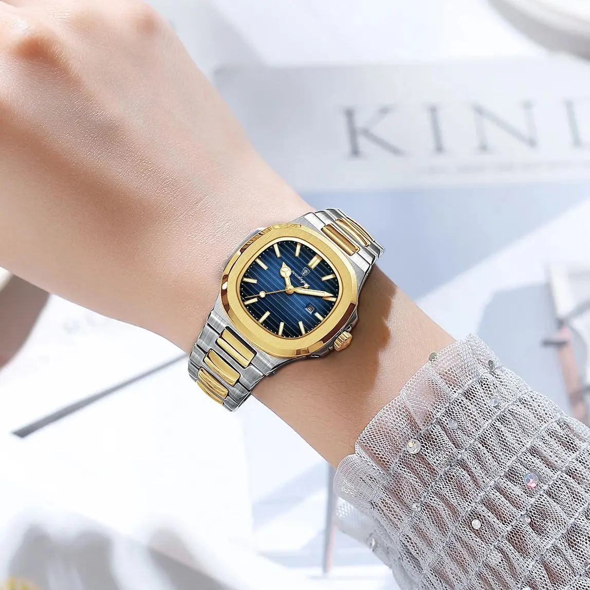 POEDAGAR, reloj cuadrado de cuarzo a la moda para mujer, reloj de pulsera de acero inoxidable con fecha para mujer, relojes de negocios luminosos resistentes al agua para mujer