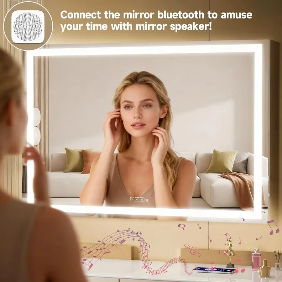 مرآة زينة مع أضواء، مرآة مكياج 37 × 25.6 LED مع مكبر صوت بلوتوث، مستشعر لمس، 3 ألوان فاتحة، قابلة للتعتيم، إطار معدني، مع #3