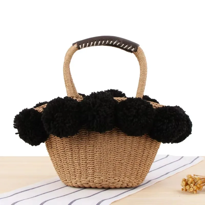 

Summer custom handbag design hairball bucket tote bag women rattan straw beach bag