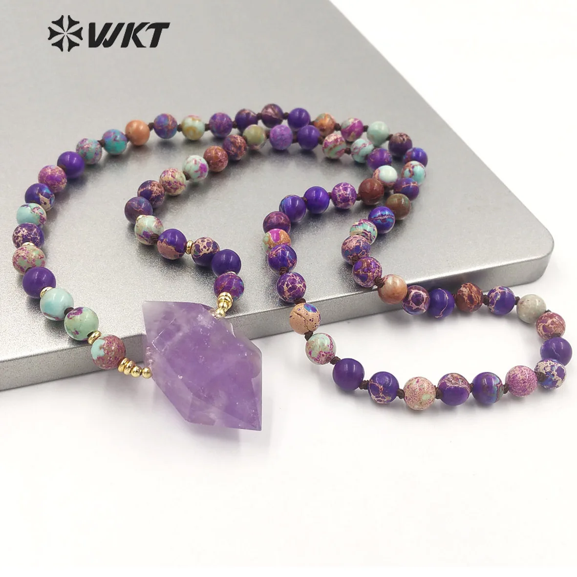 WT-N1374 Wholesale 30 inch long 8mm jasper beads knotted neckalce Natural handmade Amethyst stone point pendant necklace