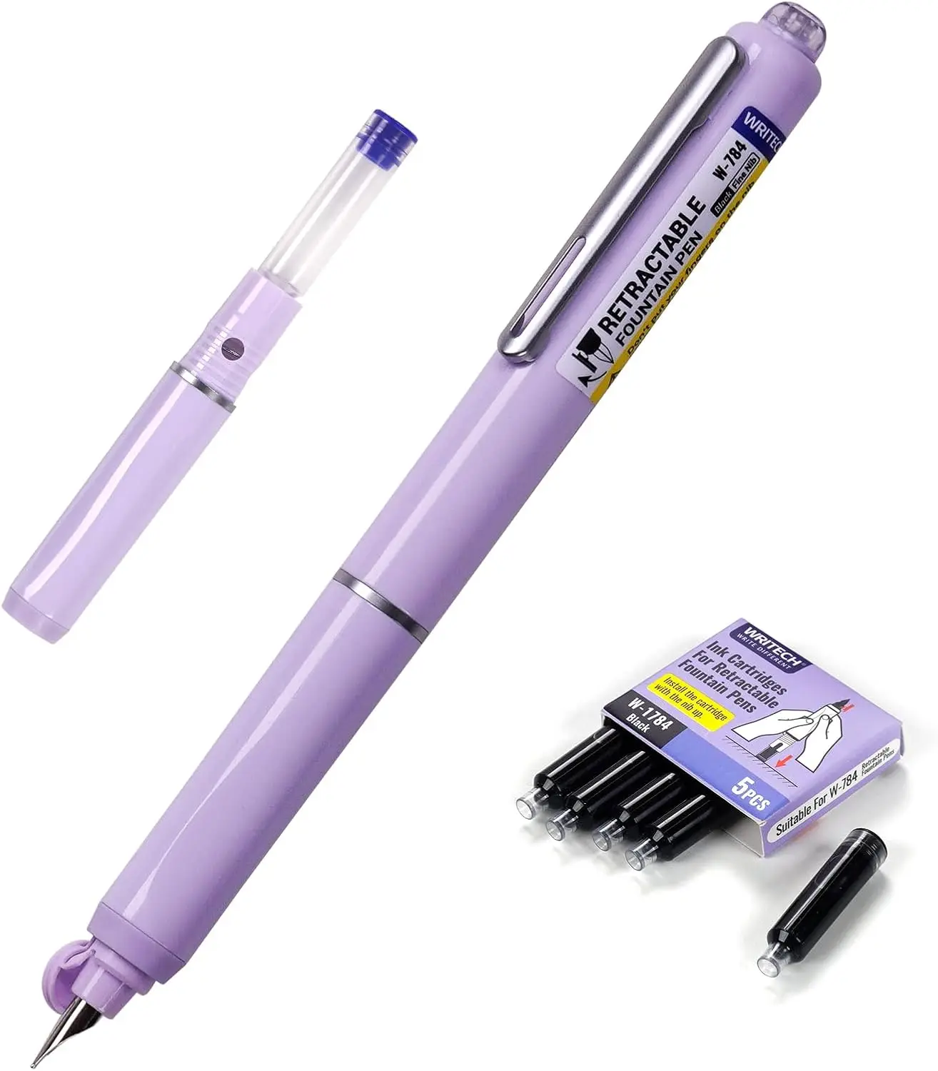 

Retractable Fountain Pen Set with Fine Nib, 5 Ink Cartridges, Smooth Writing for Calligraphy Sketching Journaling - Purple Gift