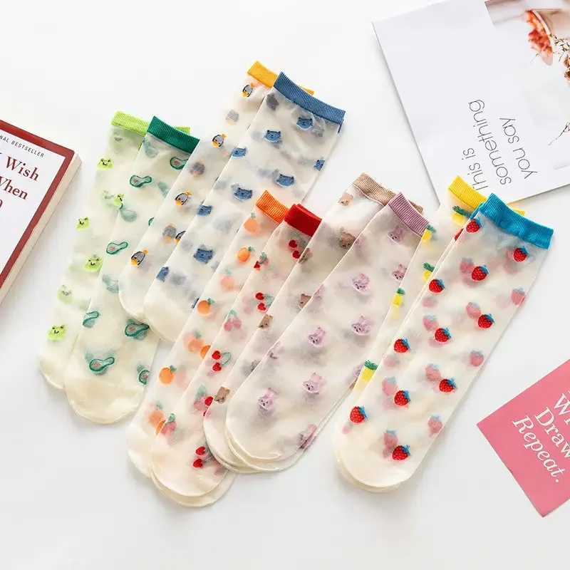 Women Summer Ultra-Thin Transparent Love Crystal Kawaii Socks Girls Breathable Korean Cute Ice Silk Style Sheer Embroidery Socks