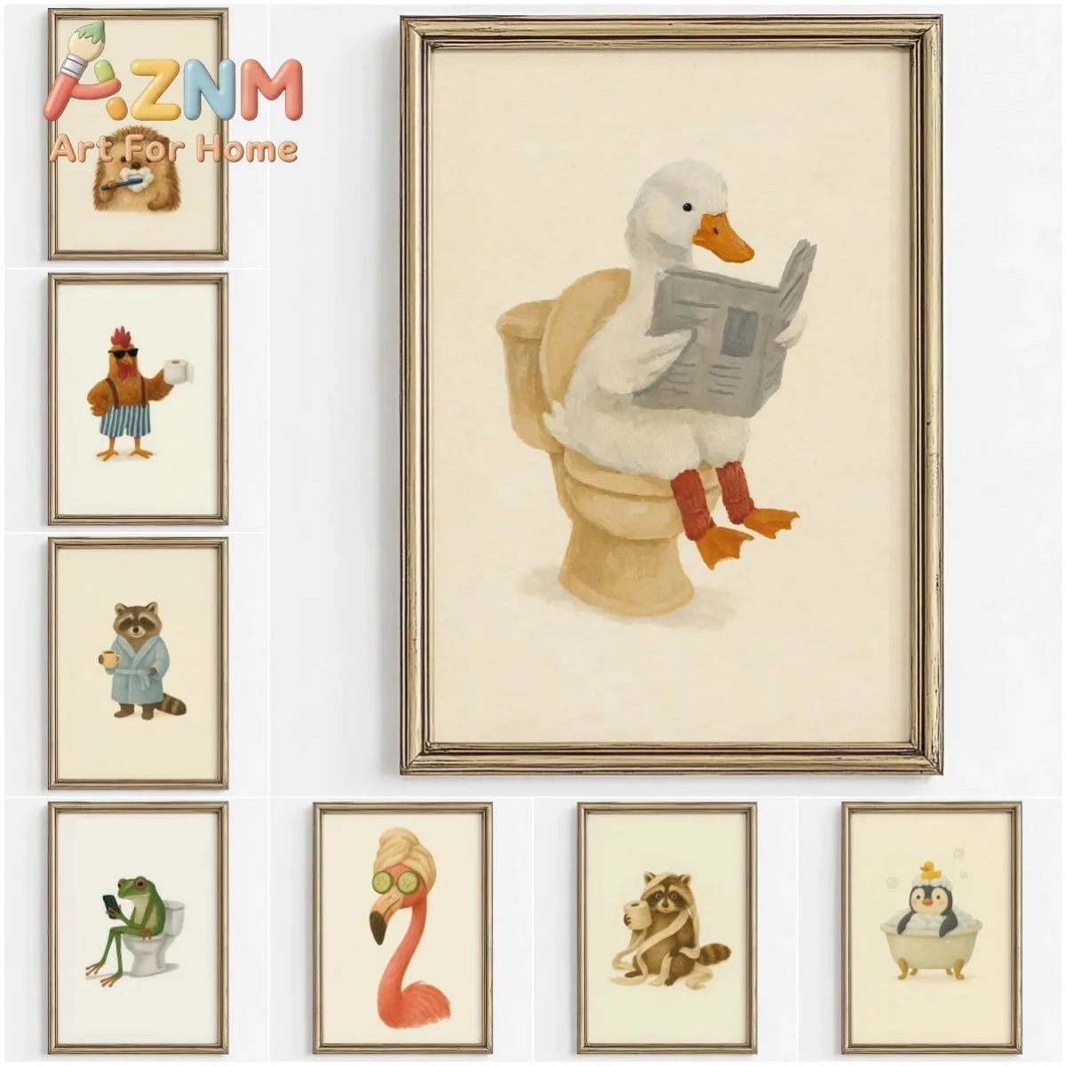 1pc frameless Canvas Painting Cute Animal Bubble Bath Wall Art Cute Bathroom Animal Poster Kids Funny Toilet Paper Animal Print