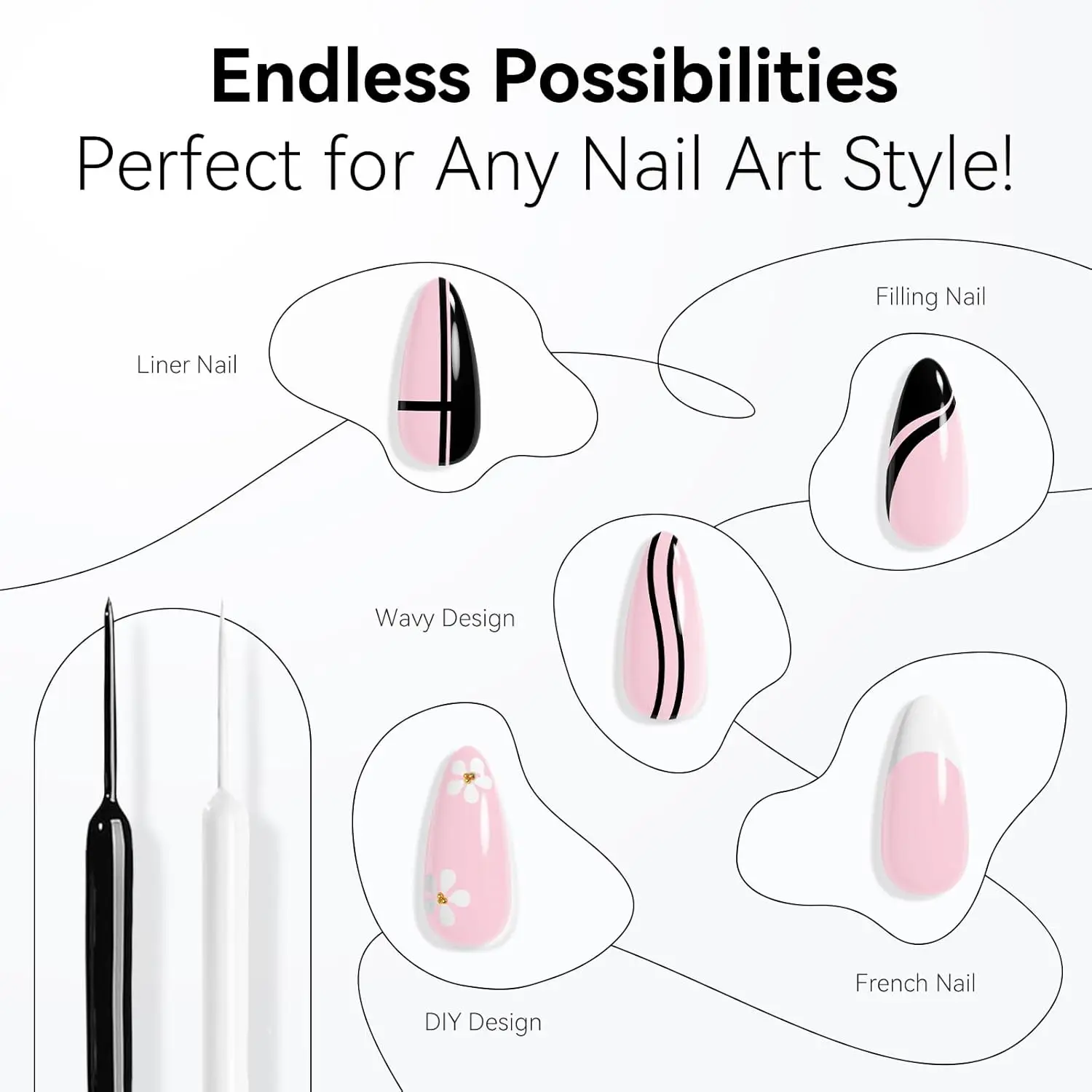 Makartt Gel Nagellak Liner Set 8Ml, 2 Kleuren Nail Art Zomer Franse Polish Wit Zwart Voor Franse Tip Swirl Draw Nail Doorweekt