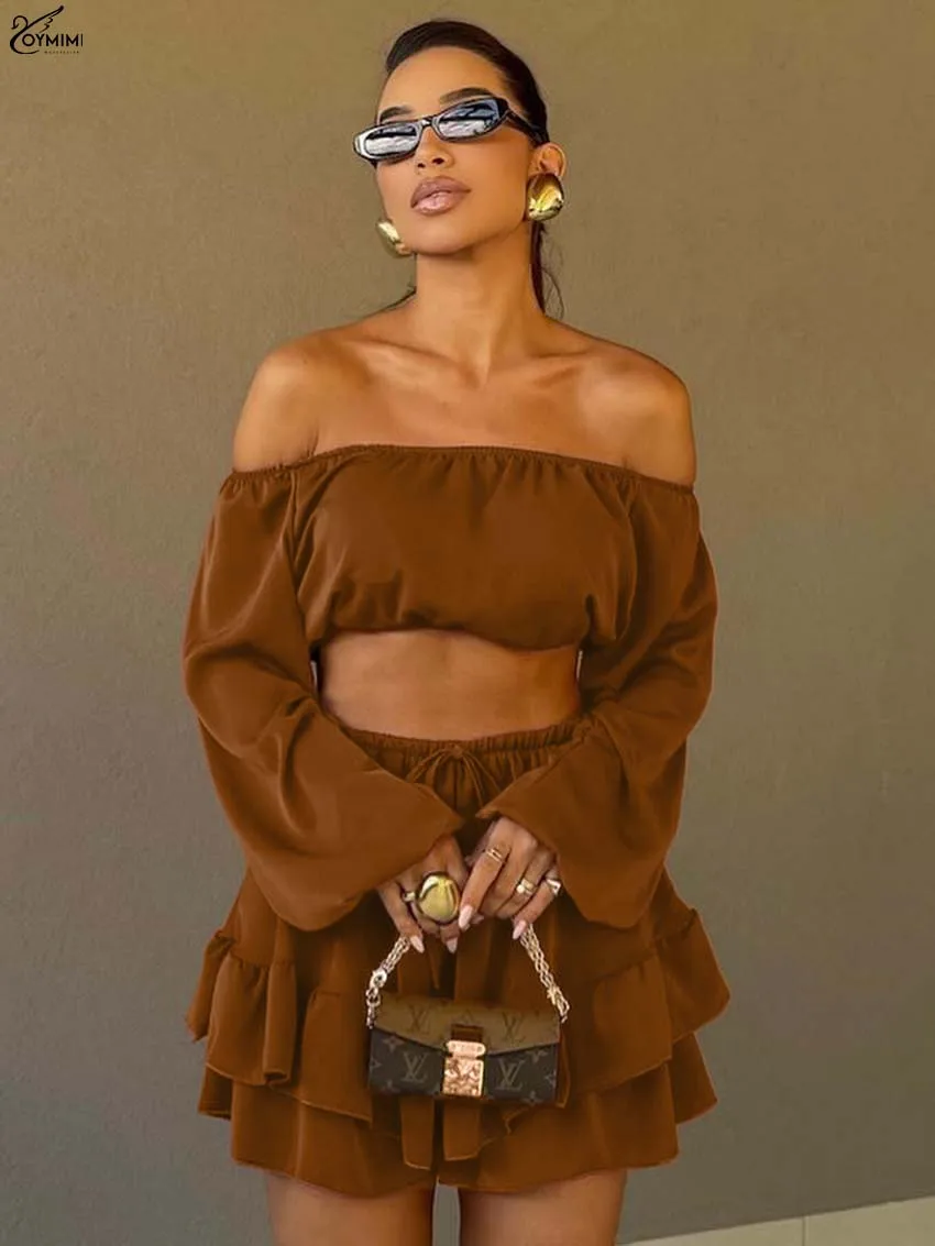 

Oymimi Elegant Orange Brown 2 Piece Sets Woman Outfits Casual Strapless Long Sleeve Crop Tops And High Waist Pleated Skirts Set