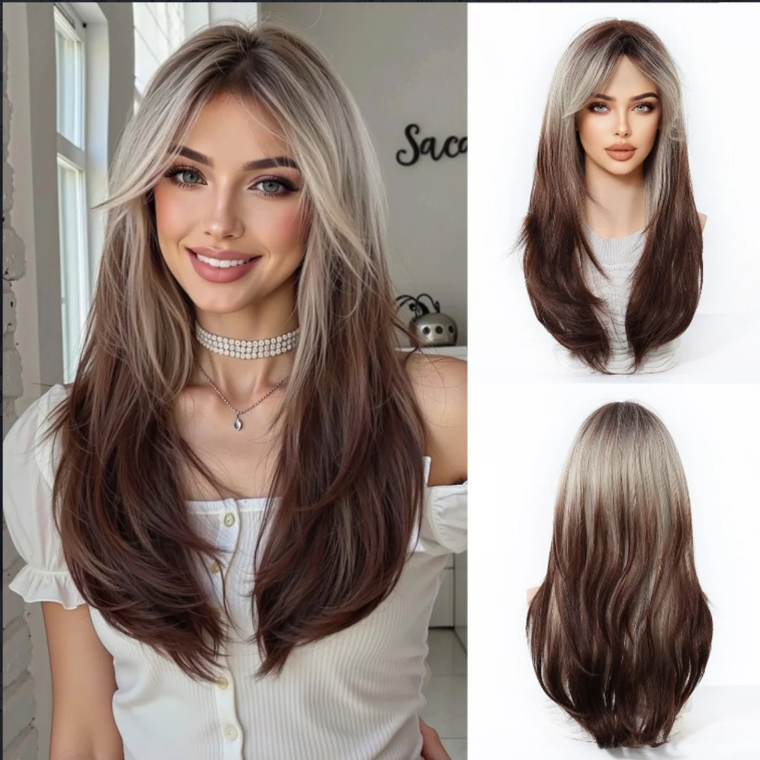 Long Straight Layered Synthetic Wig, Blonde Platinum Highlight