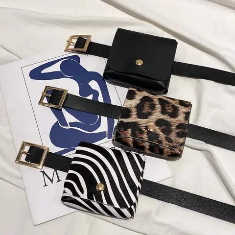 Detachable Leopard Print Mini Waist Bag Stripe 2 in 1 Coin Purse Flap PU Leather Women Belt Bag Ladies