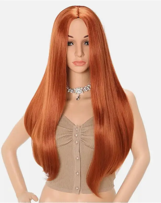 Long Straight Cosplay Party Wigs Copper Red Synthetic Hair Heat Resistant