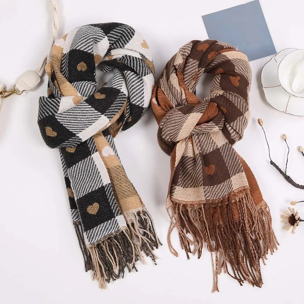 الكورية نمط ألياف الاكريليك منقوشة وشاح محبوك طويل لينة القلب سميكة وشاح الترتان المطبوعة دفئا شرابة شال زوجين