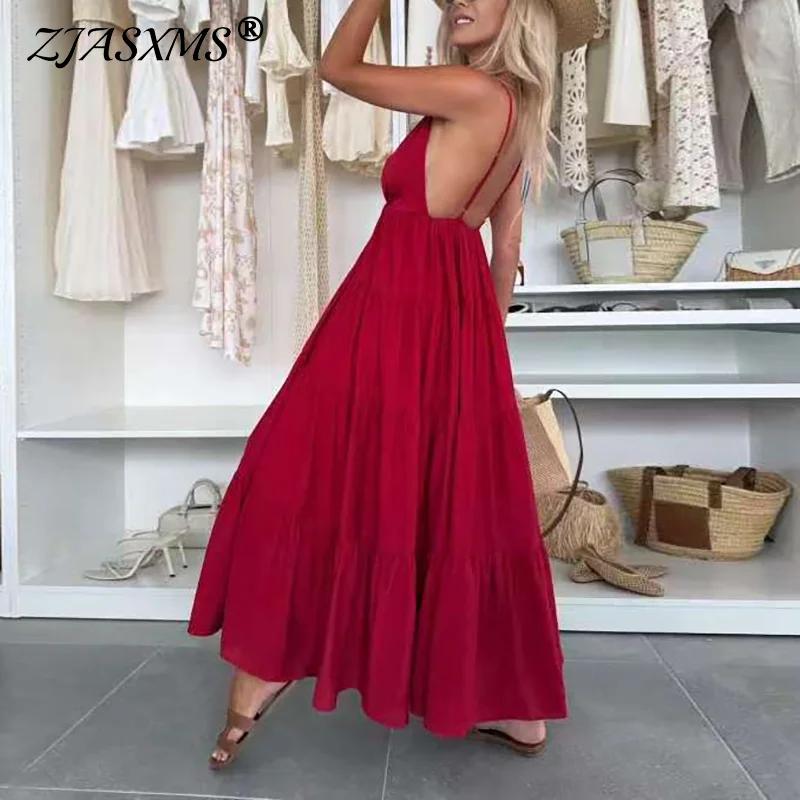 Nuovo abito Boho senza schienale con scollo a V profondo sexy Abito estivo elegante solido scava fuori Abito da festa da donna con fionda a pieghe
