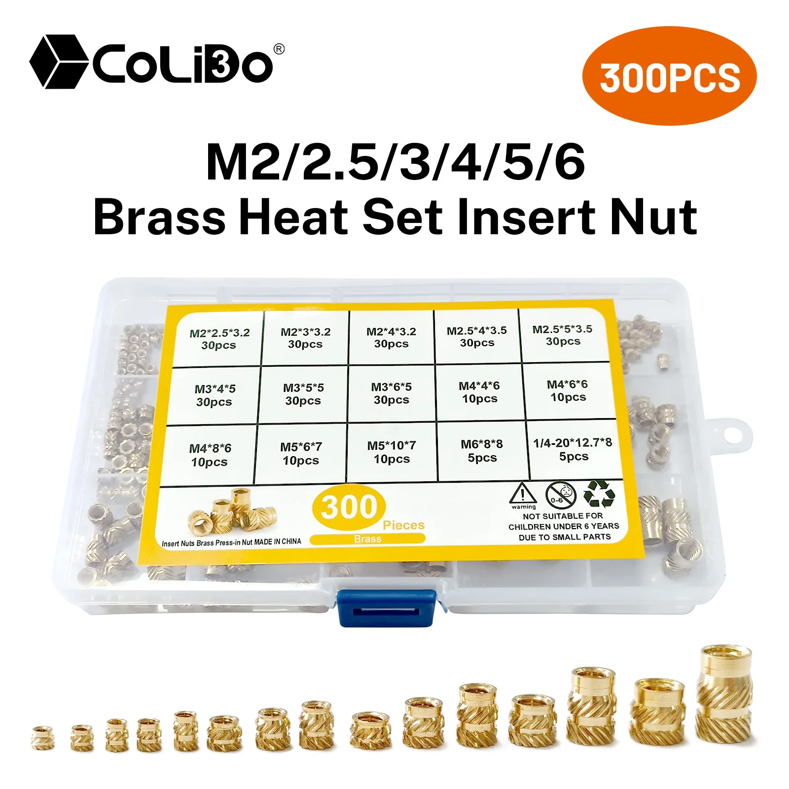 300PCS M2/2.5/3/4/5/6 Brass Heat Set Insert Nut Hot Melt Insert Thread Copper Knurled Embedment Assortment Kits for 3D Printing