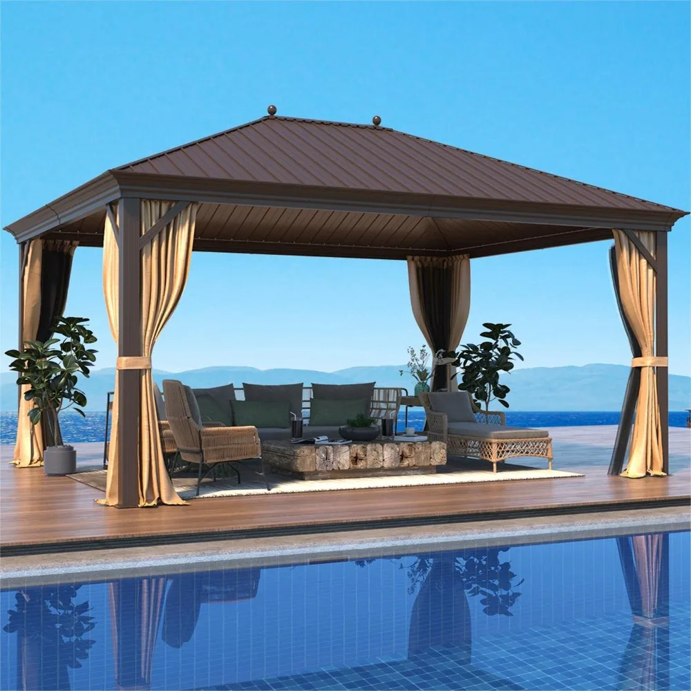 

12'x16' Hardtop Gazebo, Galvanized Steel Metal Double Roof Canopy with Curtains and Netting, Customized