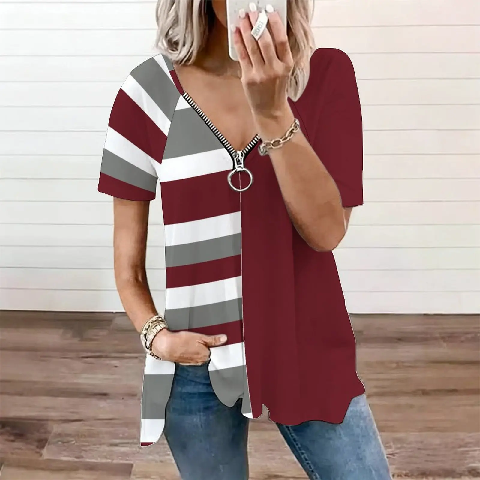 Women Cross Letter Print Zip V Neck Irregular Hem Short Sleeve Casual Tunic Tops