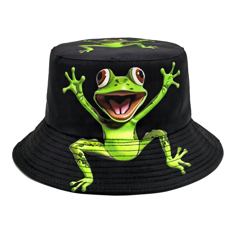 Semi-popular quirky creative cartoon happy green frog-patterned fishing hat, trendy and versatile outdoor casual bucket hat