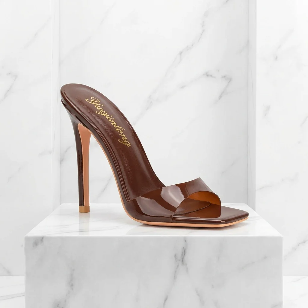 Yuejinlong Sexy Brown Clear PVC High Heels Square Toe Mules Stiletto Slingback Sandals Plus Size 33-46 Party Dress Shoes 2026