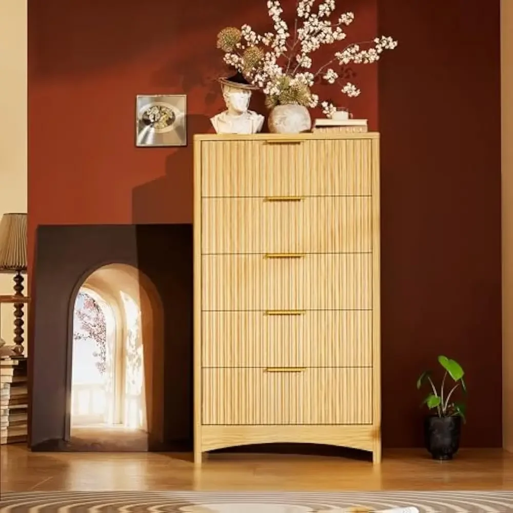 

Fluted 5-Drawer Tall Wooden Dresser, Smooth Gliding Drawers & Large Capacity Storage Space, Organizer Cabinet for Bedroom