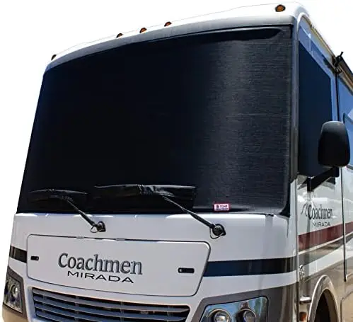 Front Windshield Sun Cover for Class A Motorhomes – RV Sunshade with Passenger and Driver Side Window Screens, Includes Both Side Covers