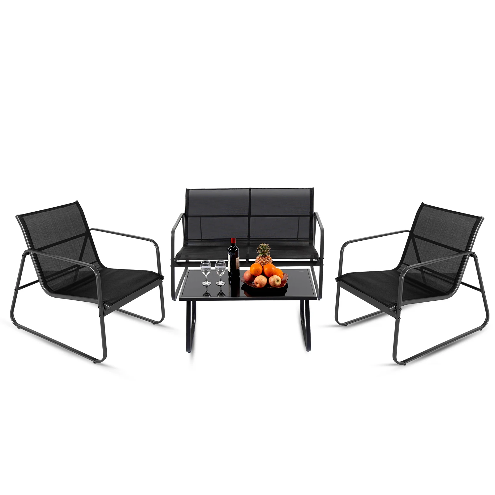 #￥JHK Outdoor Patio Furniture 4 Pieces Set with Table Metal Frame Lumbar Support Mesh Backrest Sectional Balcony Sets for Garden