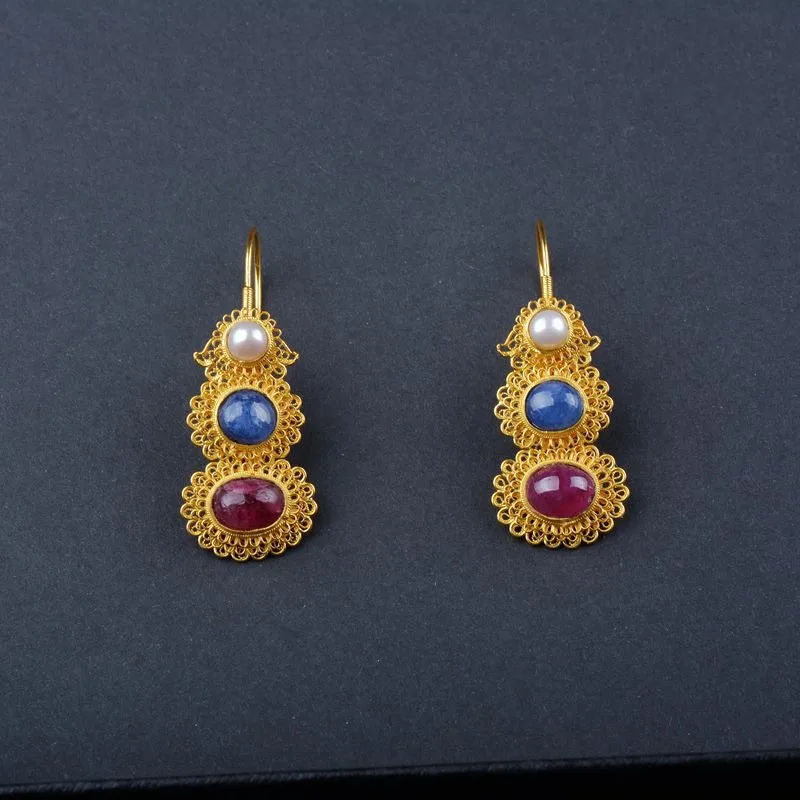 أقراط متدلية أنيقة على شكل قرع على شكل قصر صيني قديم مطلية بالذهب لهدية مجوهرات الزفاف التقليدية من Hanfu