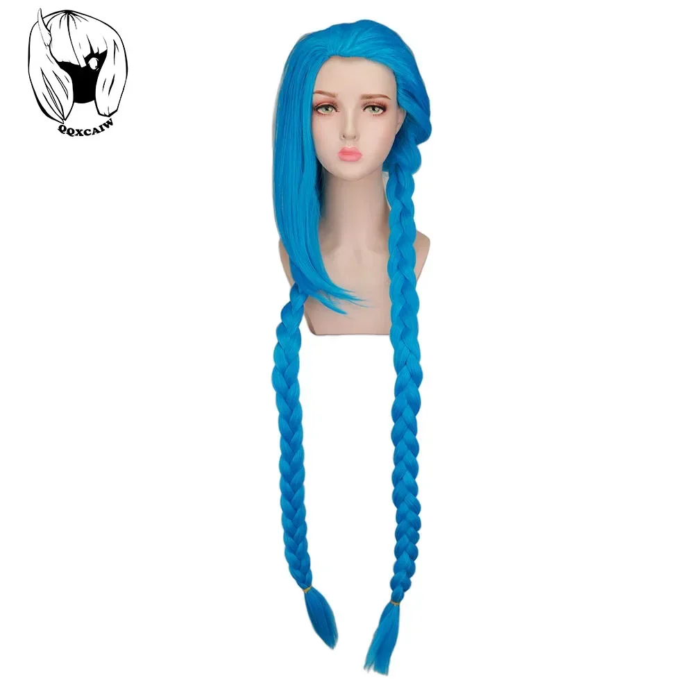 QQXCAIW 120 سنتيمتر/46.8 "LOL Jinx شعر مستعار تأثيري لعبة الأزرق طويل الأزرق الضفائر مقاومة للحرارة بيروكات صناعية للنساء الفتيات تأثيري الطرف