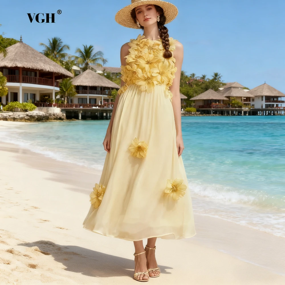 VGH Hawaiianische Urlaubsblumenkleider für Frauen, O-Ausschnitt, ärmellos, hohe Taille, gespleißt, Falten, Temperaturkleid, Damenbekleidung, Neu
