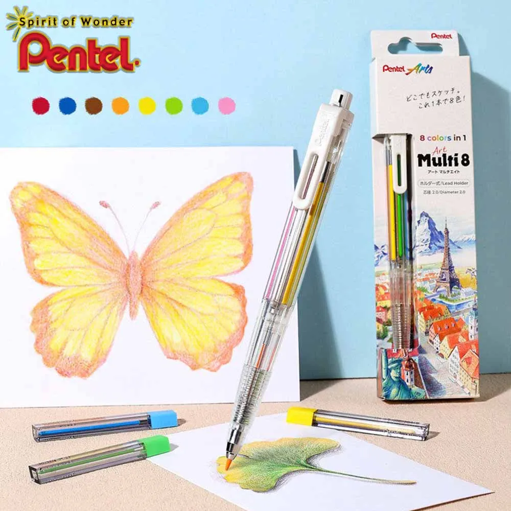 Japan Pentel Mechanical Pencil 2.0mm 8 Color Lead Multifunctional Mechanical Pencil Drawing Pencil Set Kawaii School Stationery