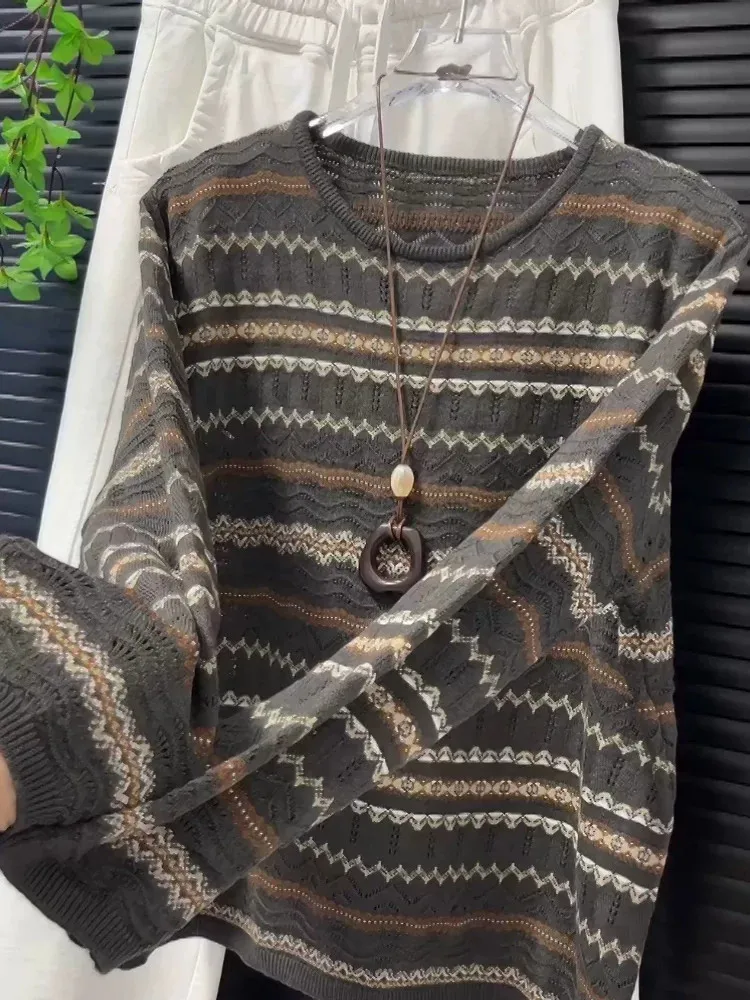 plus Size Autumn Fair Isle Vintage Geometric Stripe round Neck Knitted Sweater Women Long Sleeve Slim Soft Casual Style Knitwear