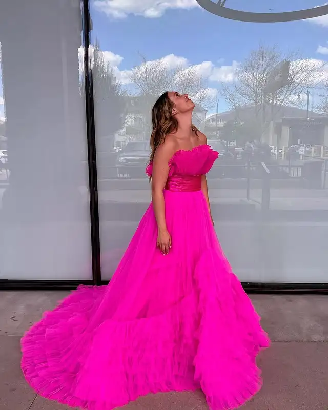 Pretty fuhsia ruched longo tule vestidos formais com fundo tutu em camadas sem alças a linha tutu tule maxi vestidos