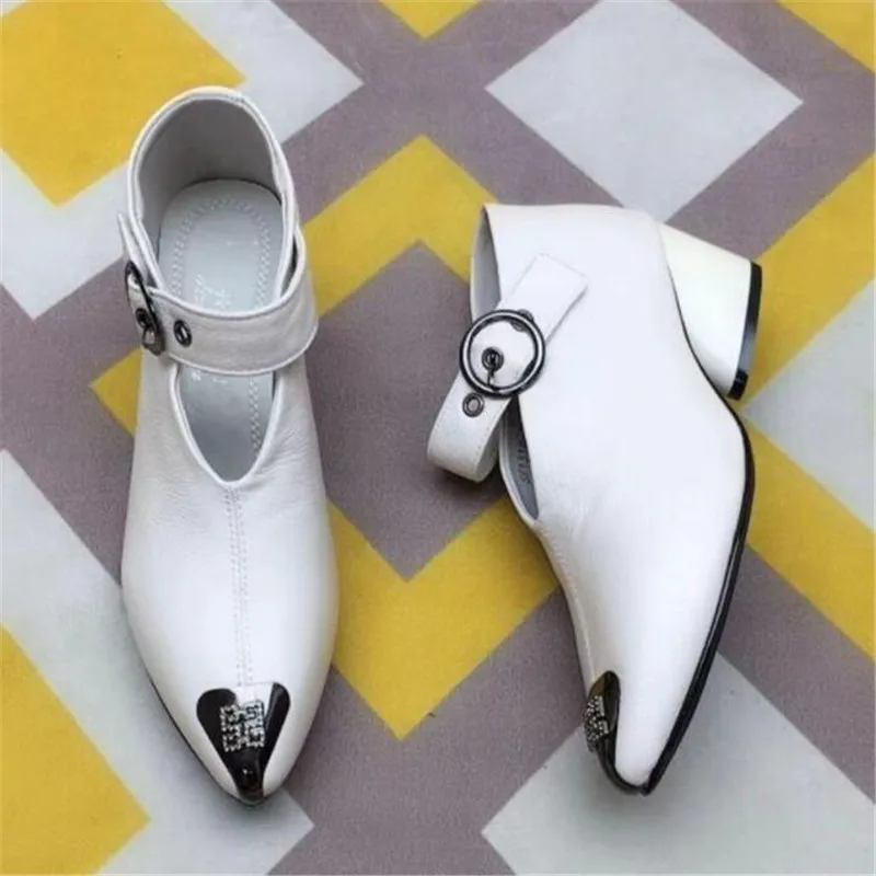 2022 Summer New Solid Color All-match High-heeled Shoes Women\'s Buckle Soft-faced Pointed Toe Thick-heeled Leather Shoes Women