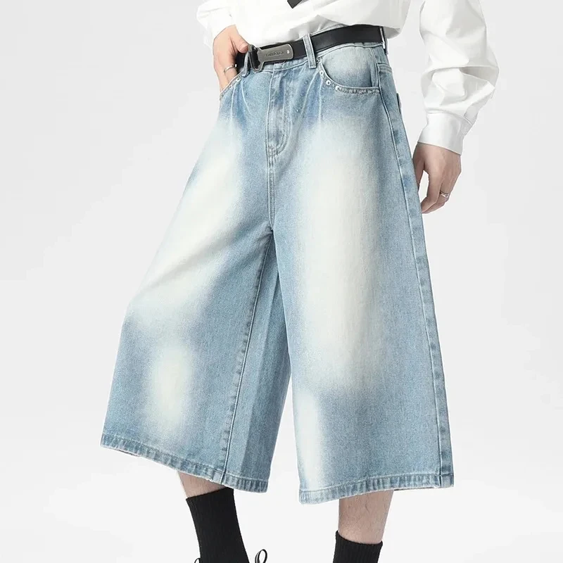 

Мужские джинсовые шорты светло-голубого цвета с эффектом потертости, широкие, до колена, с цветными вставками, летние, 2026, новинка, стильные брюки