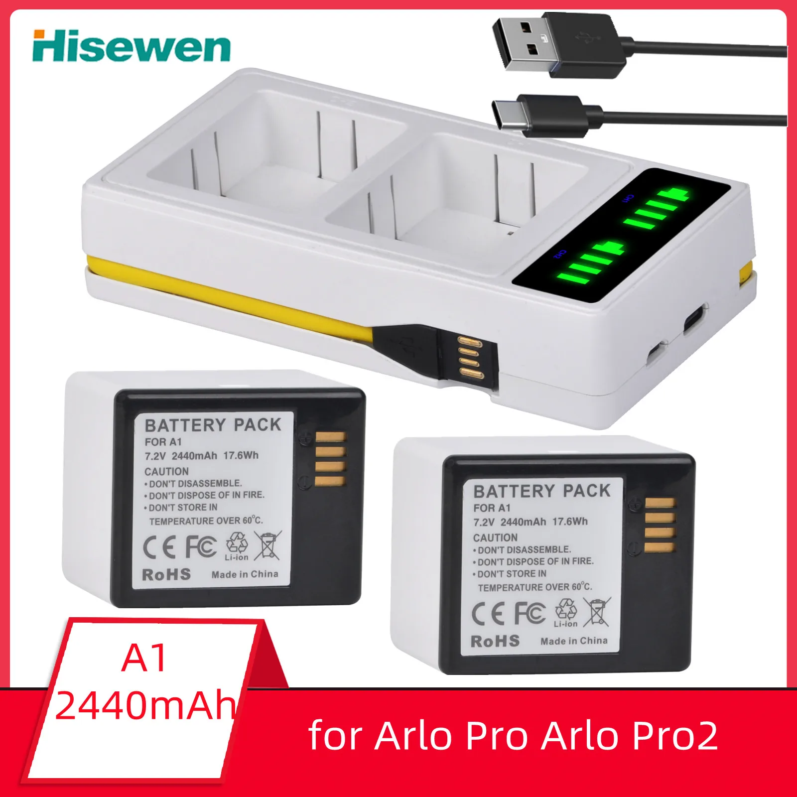 

2440mAh A1 Battery + LED USB Dual Charger for Compatible with Arlo Pro Arlo Pro2 Camera Battery Replacement
