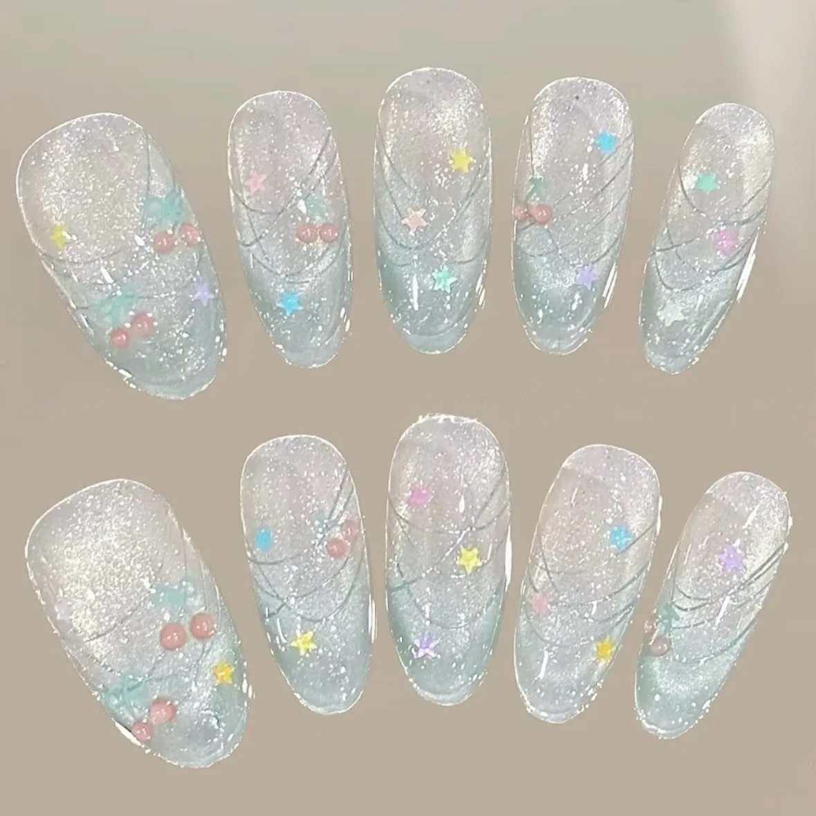 

10 шт., накладные ногти ручной работы, зеленый кошачий глаз, накладные ногти ручной работы, овальные ногти со звездами и стразами, наборы для ногтей