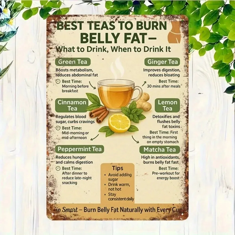2D Flat Retro Green Tea Weight Loss Chart Aluminum Wall Decor, Practical Belly Fat Guide With Matcha Cinnamon Detox Recipe