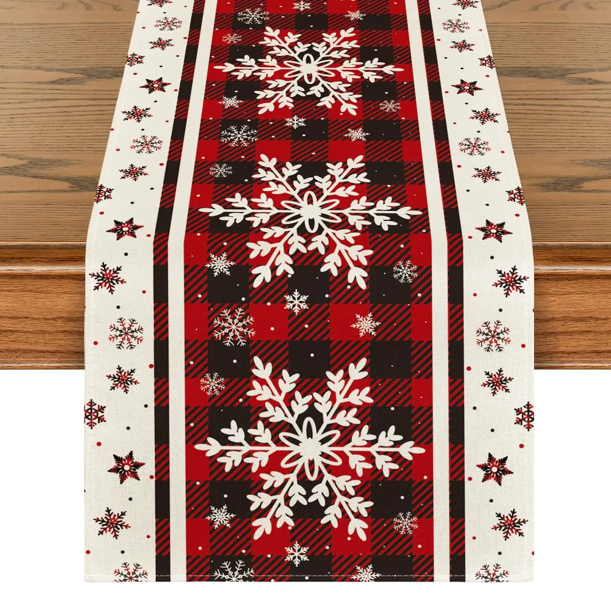 Christmas Buffalo Plaid Snowflake Table Runner, Red Black Checkered Winter Table Flag, Farmhouse Xmas Dining Table Decor For